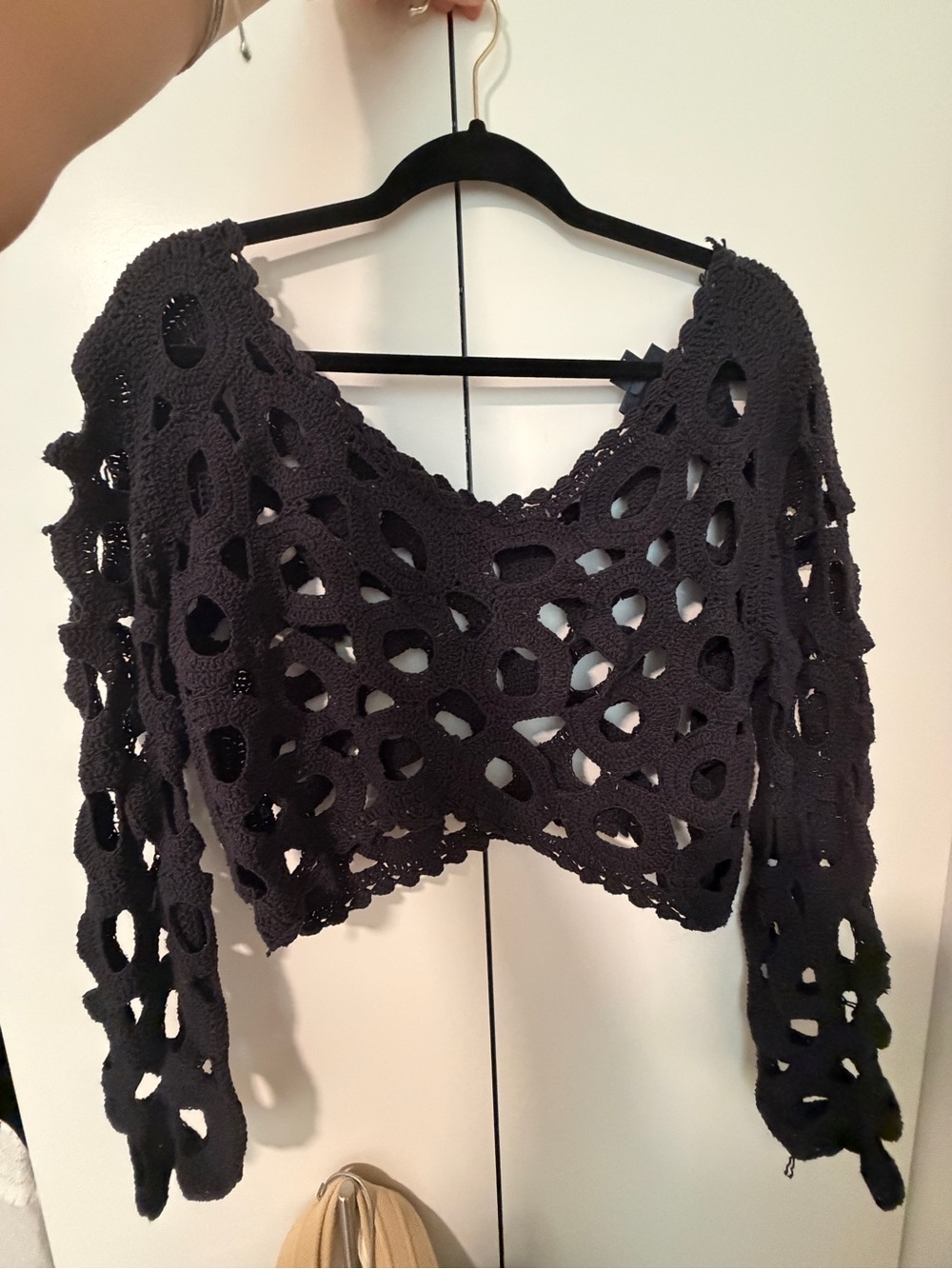 Anthropologie Black Crochet Openwork Off-the-Shoulder Sweater